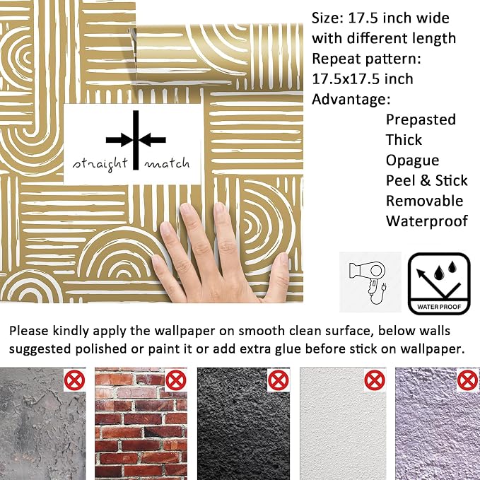 Livelynine Geometric Abstract Peel and Stick Wallpaper White and Gold Mid Century Modern Neutral Mustard Yellow Golden Beige Designs Wallpaper Boho Contact Paper Rolls Minimalist Removable 17.5x78.8 - Image 6
