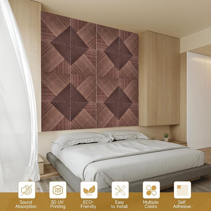 Acoustic Wall Panels,6 Pack,23.6"x23.6",Red Sandalwood | Peel and Stick Wall Panels,Decorative 3D UV Printing with Wood Print,High-Density 100% Polyester Fiber Sound Absorbing Panels - Image 8