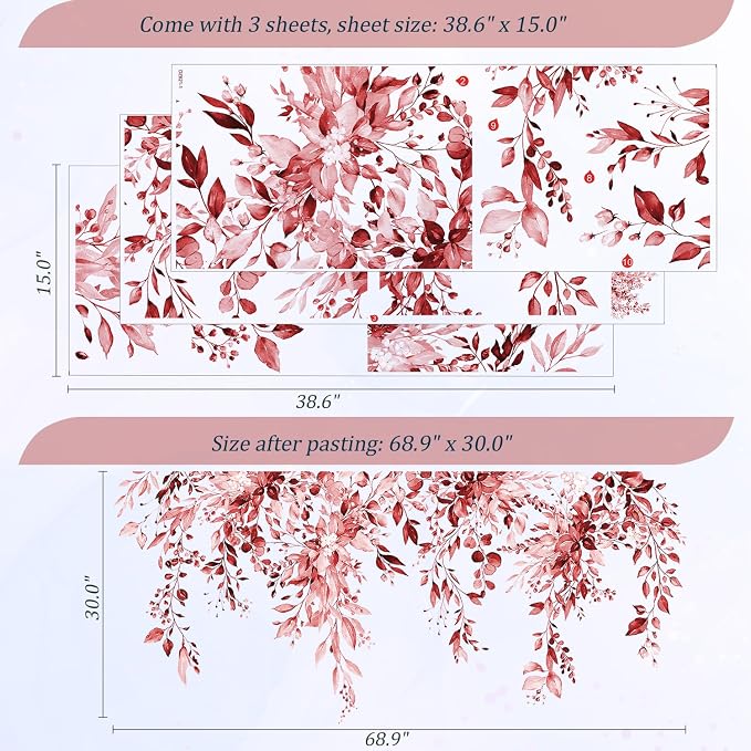 Burgundy Red Plants Leaves Wall Decals Peel and Stick, Large Floral Flowers Vinyl Wall Stickers, Removable Vine Home Decor Art for Bedroom Living Room Classroom Office - Image 2