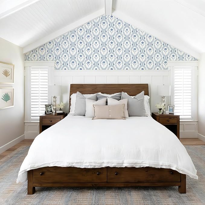 Orainege Floral Peel and Stick Wallpaper Blue Wallpaper | 16.9in x118.1in Self Adhesive Boho Flower Wallpapers for Bedroom Living Room Bathroom Decor Removable - Image 7