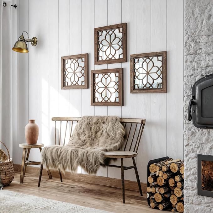 Set of 2 14 Inch Square Redbrown Window Pane Wall Mirrors, Shatterproof Rustic Farmhouse Boho Vintage Accent Mirrors for Living Room Bedroom Bathroom Entryway - Image 7