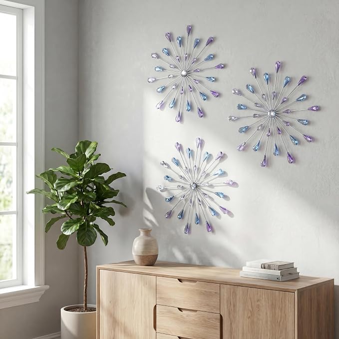 ZEXUIRU 3 Set Silver Starburst Wall Art for Home Decor Metal Bling Crystal Rhinestones Sunburst Wall Decor Sparkling Rhinestone Art Accent Silver - 13in by ZEXUIRU
