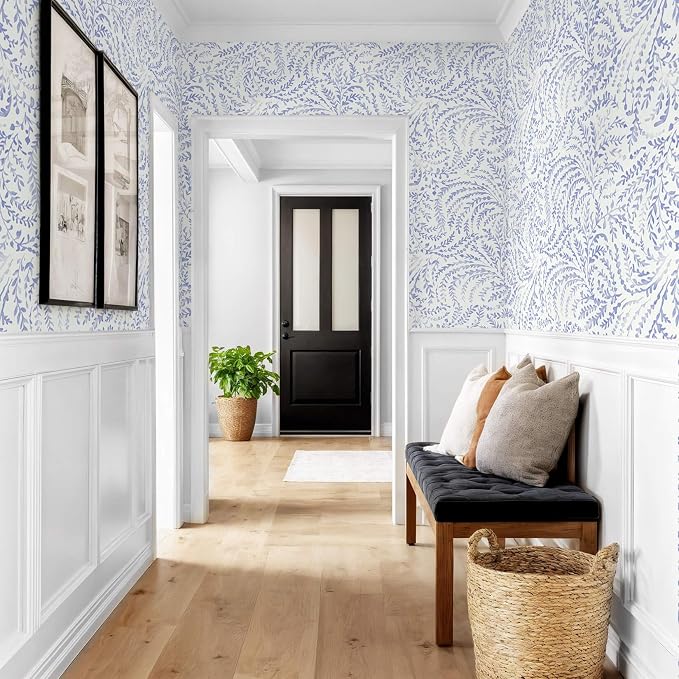 Ismoon Boho Peel and Stick Wallpaper Blue and White Farmhouse Contact Paper | 17.3x393in Leaf Botanical Stick on Wall Paper Removable Self Adhesive Vinyl Wallpaper for Bedroom Accent Wall Decor Hallway - Image 3