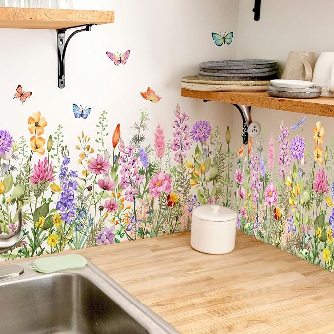 Wildflower Wall Decals Peel & Stick Floral Wall Art | Removable Flower Wall Stickers, For Girls Bedroom Nursery Living Room, With Butterflies Vines Daisies, DIY Home Decor - Image 3