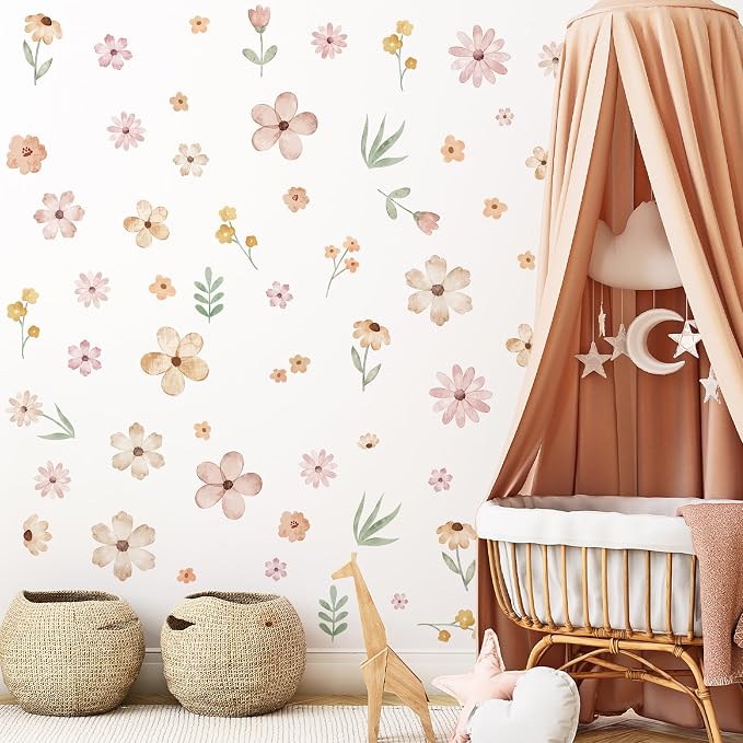 Boho Flower Wall Decals, Pink Watercolor Floral Art Sticker for Girls' Room, Bedroom, Nursery and DIY Cute Wall Decor (Cute Wildflower Decals) by HJKlove