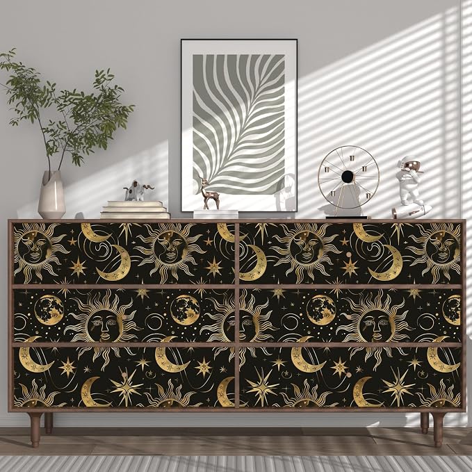 Laatse Celestial Sun Moon Wallpaper Peel and Stick 17.5"x 118",Black/Golden | Self Adhesive/Removable/Waterproof/Thick Vinyl Contact Paper for Bathroom Bedroom Shelf Cabinet Drawer,Prepasted,Easy Peel - Image 4