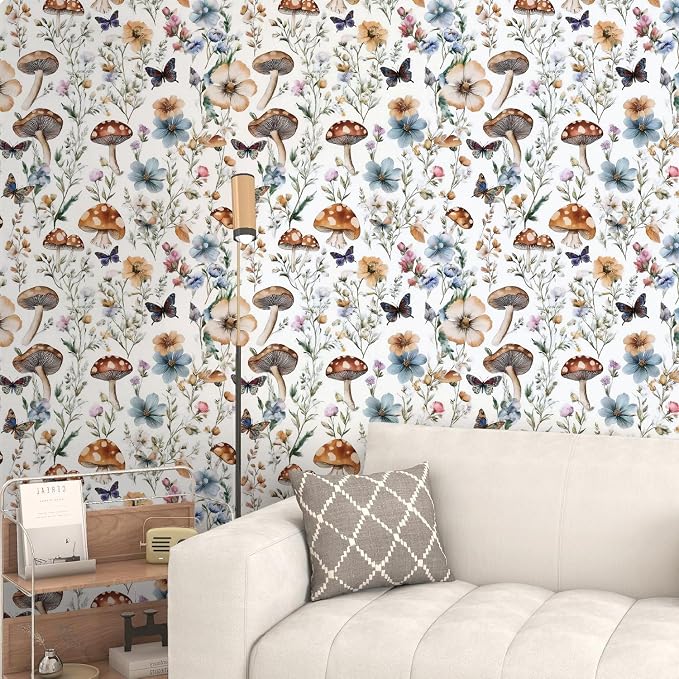 Froluya Mushroom Wallpaper Peel and Stick Boho Contact Paper 16.9" x 196.8" | Vintage Floral Self Adhesive Wallpaper Mushroom Removable Waterproof Contact Paper Peel and Stick for Cabinet Bathroom Vinyl - Image 6