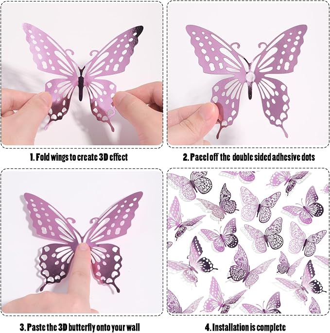SAOROPEB 3D Butterfly Wall Decor 48 Pcs Lavender Butterfly Decorations | 4 Styles 3 Sizes, Butterfly Birthday Decorations Butterfly Party Decorations Cake Decorations, Removable Stickers - Image 6