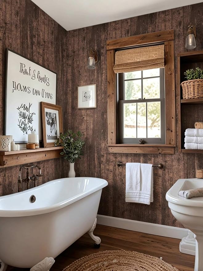 Dimoon Wood Wallpaper Brown Dark Wood Contact Paper Brown Wood Plank Wood Peel and Stick Wallpaper Removable Rustic Wood Grain Self Adhesive Vintage Distressed Texture Desk Vinyl Roll17.7 x78.7'' - Image 3