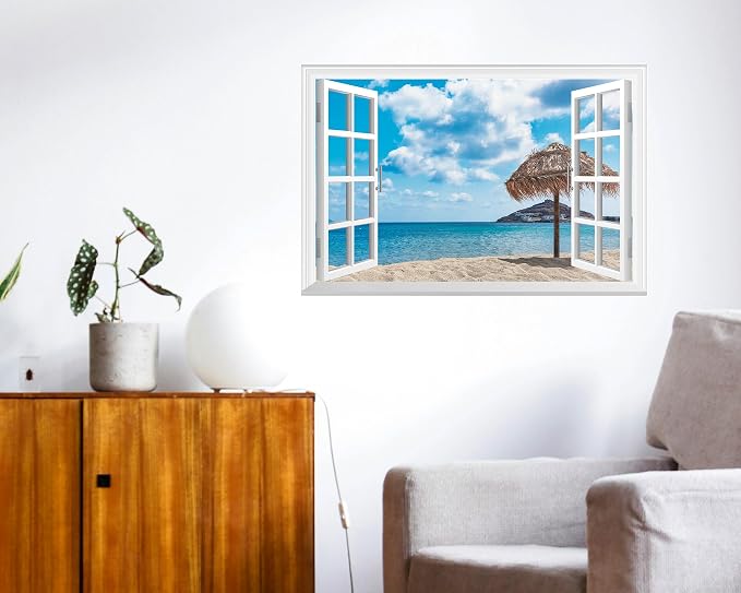FLFK Fake Window Wall Decal - Ocean Beach Faux Window Wall Mural for Wall Decor, Peel and Stick Wall Sticker,24"x16" - Image 6