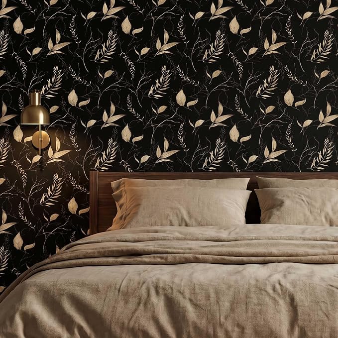 Dark Black and Gold Leaf Peel and Stick Wallpaper 17.7" x 124" | Self-adhesive removable waterproof leaf design for bedroom accent walls and renter friendly spaces - Image 2