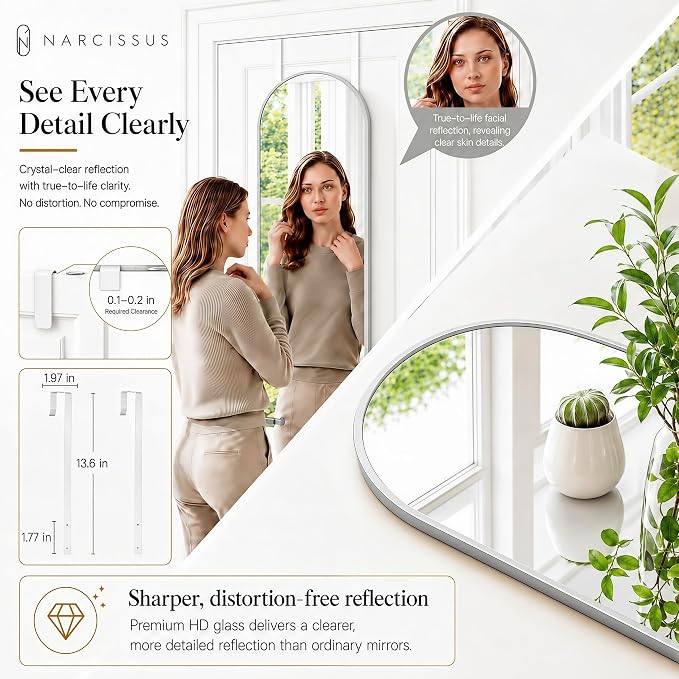 NARCISSUS Over the Door Full Length Mirror 47x14 Inch, Wall Mounted Dressing Mirror, Door Hanging Full Body Mirror HD Reflection Glass for Bedroom, Aluminum Alloy Frame Silver - Image 8