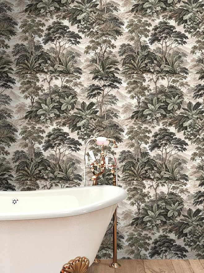 HAOKHOME Vintage Peel and Stick Wallpaper Forest Toile Green for Bathroom | Self Adhesive Removable Landscape Botanical Jungle Wall Paper Textured for Bedroom Accent Wall Contact Paper 17.3in x 6.6ft - Image 3