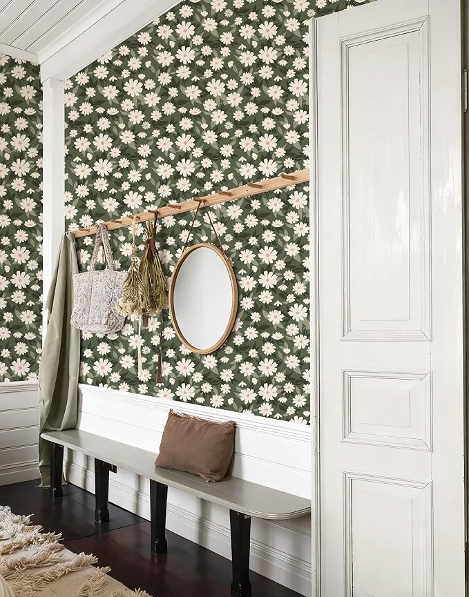 Floral Wallpaper Peel and Stick, Green Daisy Flower Removable Self Adhesive Wallpaper for Bedroom Bathroom Cabinet, 17.3‘’×78.7‘’ - Image 3