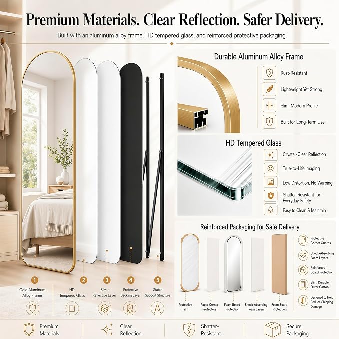 57x20" Full Length Mirror Floor Stand,Over the Door,Wall Mounted Gold - Image 9