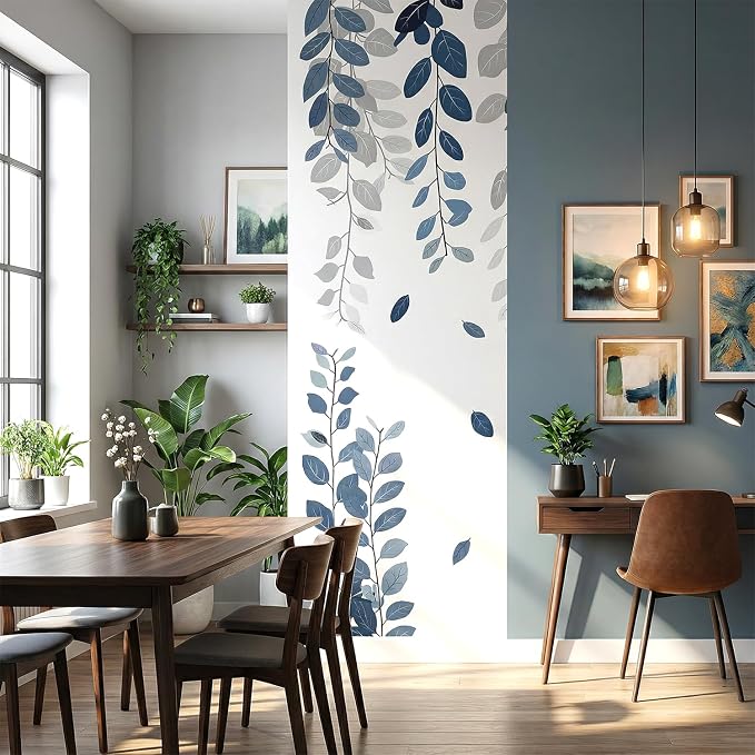 Navy Blue Grey Hanging Eucalyptus Leaves Vine Wall Decals Decor Stickers | Removable vinyl wall sticker for bedroom nursery living room dorm offfice decor, DIY botanical mural, peel and stick wall art - Image 4