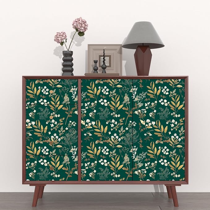 Laatse Vintage Dark Green Gold Floral Peel and Stick Wallpaper 17.5"x118" | Self Adhesive/Removable/Waterproof/Thick Vinyl Contact Paper for Bathroom Bedroom Shelf Cabinet Drawer,Prepasted,Easy Peel - Image 3