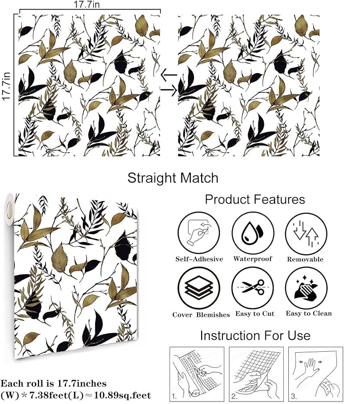 Black and Brown Leaf Peel and Stick Wallpaper 17.7in x 88.5in | Self-adhesive vintage removable thick waterproof wall covering for bathroom and accent walls - Image 4