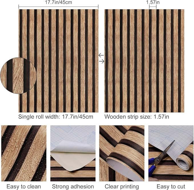 Yun-aeon Natural Wood Peel and Stick Wallpaper Wood Slats - 17.3"x 120" Tan Self-Adhesive Waterproof Vinyl Removable Wall Paper for Wall Decor Bedroom | 17.3"x 120" Self-Adhesive Waterproof Vinyl Removable Wall Paper for Wall Decor Bedroom - Image 2