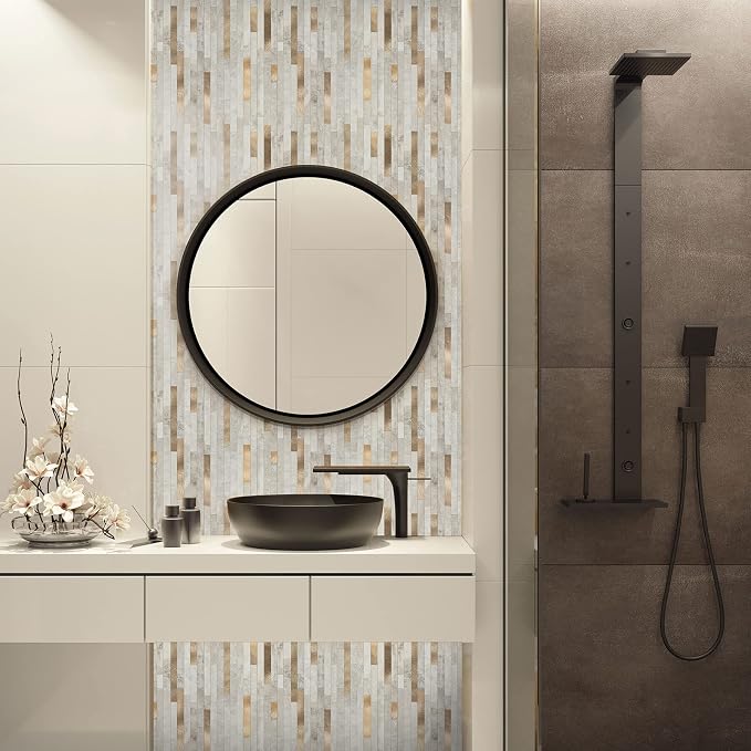 KASARO 6-Sheet Peel and Stick Backsplash Tiles for Kitchen, Marble Beige with Vintage Golden Embellished Stripes, Self-Adhesive Aluminum Wall Tile Stick on Bathroom, Fireplace, RV - Image 3