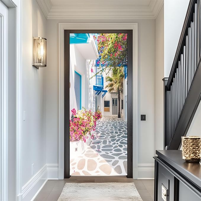 artfanke 3D Peel and Stick Door Sticker 33.5"x84.6"- Self-Adhesive Door Wallpaper Murals Decal-Romance Greek Street View Wall Poster for Home Decor (2 Sheets/Set) - Image 3