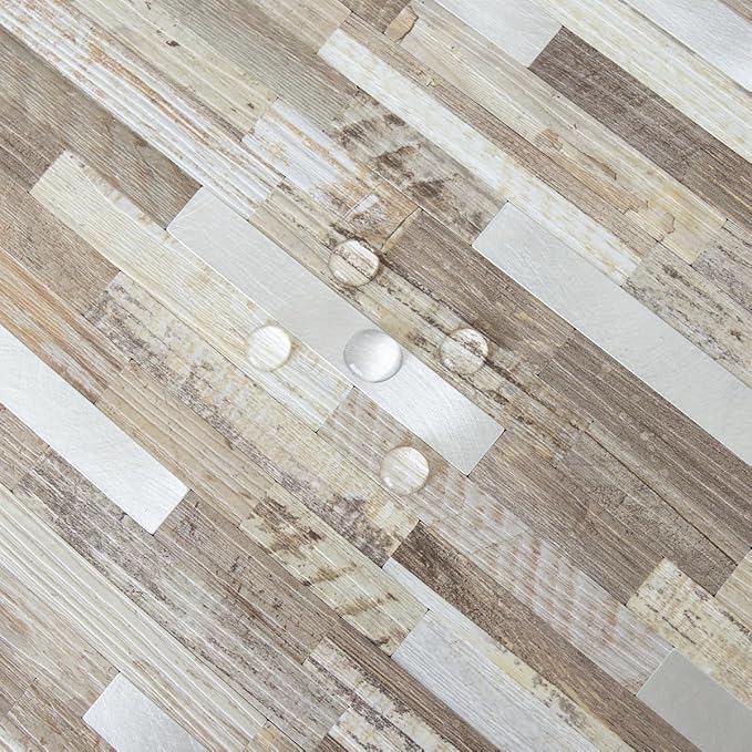 AULIGET Peel and Stick Backsplash, Beige Wood Look PVC Mixed Metal Stick on Bathroom Backsplash, 2 - Image 3