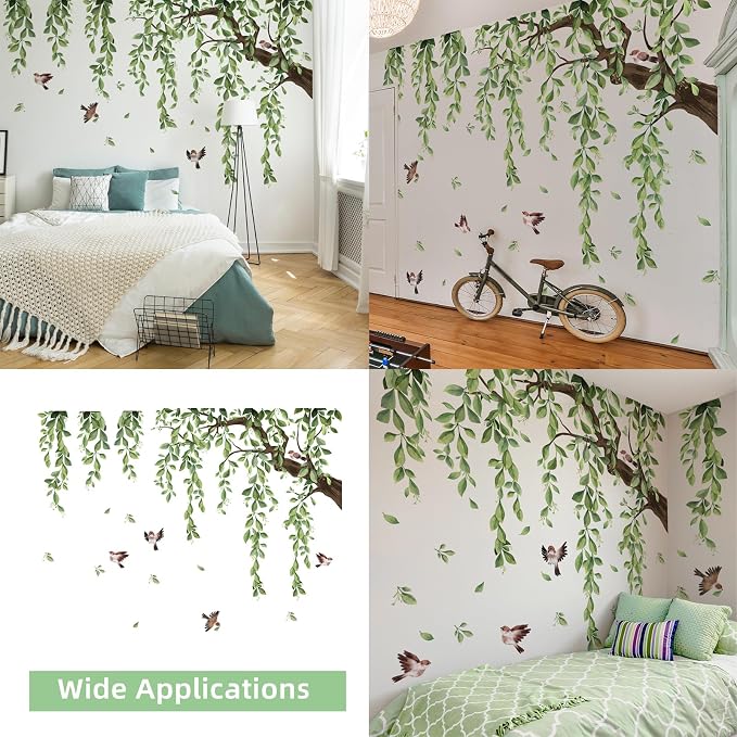 Lilac 3 Sheets Wall Decoration Large Green Tree Wall Stickers | Hanging Vine Tree Wall Decals Peel and Stick Leaves Branch Wall Murals Decor for Living Room Bedroom (Green, 11.8 * 35.4inch) - Image 7