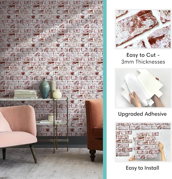 Commomy Faux Brick Wall Panels Peel and Stick Thin PVC 10 Pcs 11.8" x 11.8" | Small Size Thin PVC Fake 3D Brick Wallpaper for Kitchen,Fireplace,Home Office,Wall Covering Decor(Covers 9.7 sq.ft) - Image 5