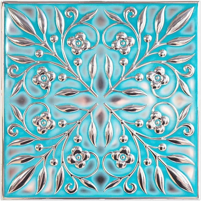 Peel and Stick Metal Tiles, Teal & Silver Leaves, 10-Pack | 8 x 8 in tile size; Covers up to 4.44 sq ft; Aluminum; Water-resistant surface; For kitchens, ceilings, DIY projects by WallWear