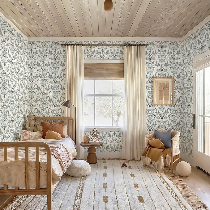 Dimoon Vintage Peel and Stick Wallpaper Boho Floral Leaf Contact Paper 78.7''x17.3'' Beige Grey Botanical Cottage Core Wallpaper Renter Friendly Damask Wall Paper for Bedroom Bathroom Decor Vinyl - Image 6