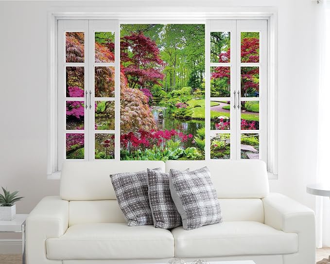 FLFK Fake Window Wall Mural - Garden View with Maple Treest Peel and Stick Decal, 80 x 60 inches, Set of 5 Sheets - Image 5