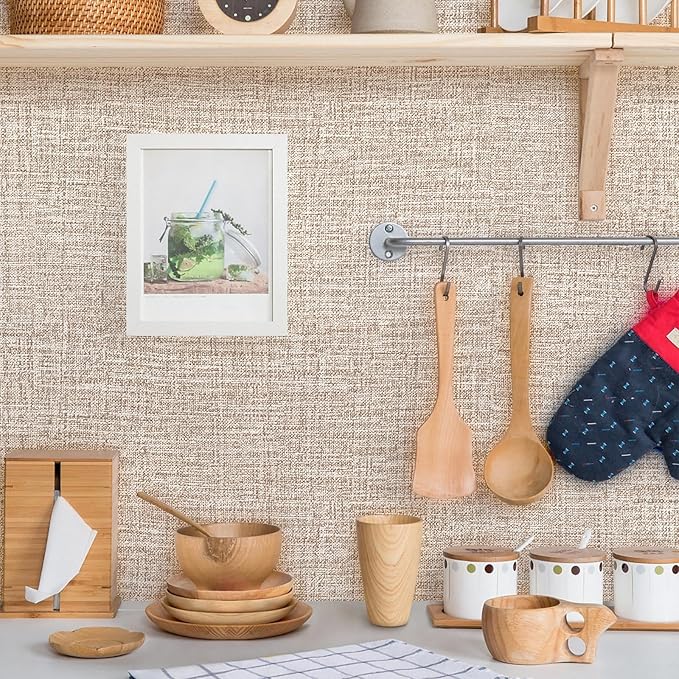Khaki Grasscloth Peel and Stick Wallpaper 17.3"x300" Faux Linen Textured Contact Paper Removable Self Adhesive Vinyl Wallpaper for Bedroom Bathroom - Image 3