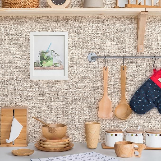 Khaki Grasscloth Peel and Stick Wallpaper 17.3"x1200" Faux Linen Textured Contact Paper Removable Self Adhesive Vinyl Wallpaper for Bedroom Bathroom Kitchen Cabinets - Image 3