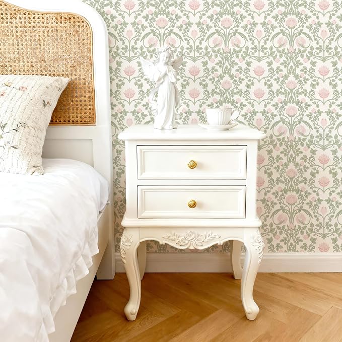 YXTII Floral Wallpaper Peel and Stick - 393.7" × 17.3" Pink and Green Wallpaper for Bedroom Decorative Self Adhesive Shelf Drawer Liner - Image 3