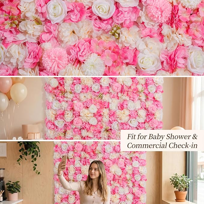 Artificial Flower Wall, 12 Panels, 16.5x16.5, Pink White Rose | 3D design, realistic look, Seamless Design,eco-friendly,easy to assemble,reusable,.Suitable for weddings,Party,Backdrop Decor - Image 8