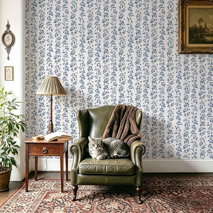 Ismoon Blue Wallpaper Peel and Stick Vintage Wallpaper 17.3in x 32.8ft Blue Leaf Contact Paper Vintage Cottage Wall Paper for Bedroom Bathroom Kitchen Nursery Removable Vinyl - Image 6