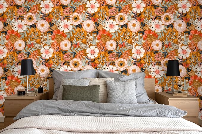 HAOKHOME Orange Floral Peel and Stick Wallpaper Boho Vintage 17.3in x32.8ft | Botanical Textured Wall Paper Renter Friendly Removable Pink Flowers Bathroom Bedroom Accent Decor Stick on Contact Paper - Image 2