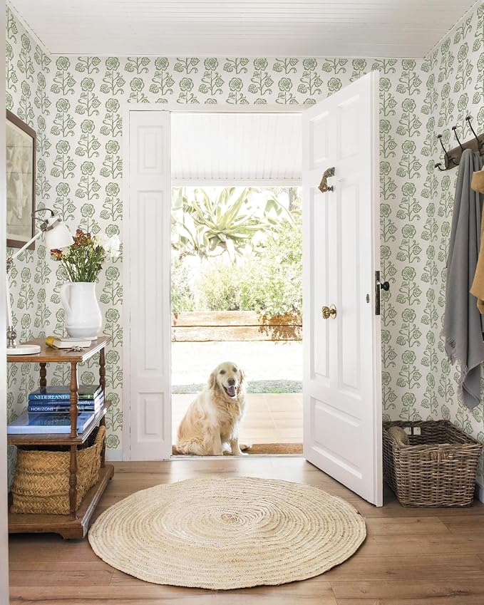 Dimoon Vintage Peel and Stick Wallpaper Sage Green Floral Contact Paper 17.3''x78.7'' Retro Cottage Beige Wallpaper Boho Removable Renter Friendly Embossed Wall Paper for Bathroom Bedroom Decor Vinyl - Image 2