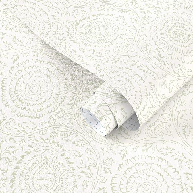 Ismoon Green Peel and Stick Wallpaper Boho Floral Contact Paper 17.3x393in | Beige Renter Friendly Wall Paper Textured Self Adhesive Removable Wallpaper for Bedroom Kitchen Thicken Vinyl Waterproof by Ismoon