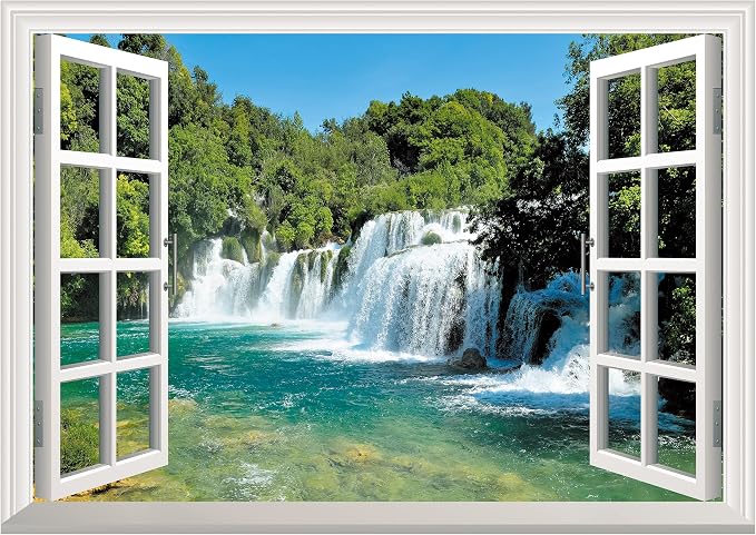 FLFK Fake Window Wall Sticker - Waterfall Faux Window Wall Mural for Wall Decor, Stick and Peel Wall Decals,48"x32",Set of 2 Sheets by FLFK