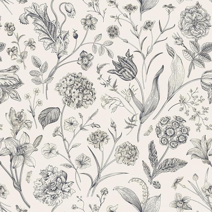 Beige and Black Floral Peel and Stick Wallpaper Floral 17in x 197in | Botanical Wallpaper Vintage Contact Paper Black Flower Removable Wall Paper for Bathroom Bedroom Boho Self Adhesive Vinyl by lenify