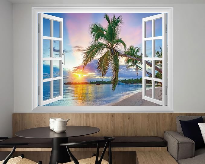 FLFK Fake Window Wall Mural - Sunrise Over the Sea Faux Window Wall Sticker for Wall Decor, Stick and Peel Wall Decals,80"x60",Set of 5 Sheets - Image 3