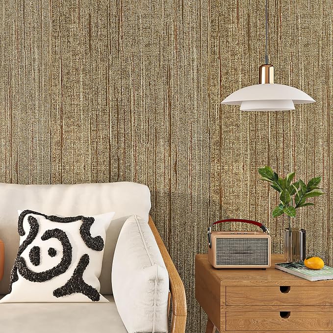 Livelynine 15.8x394 Luxury Gold Textured Wallpaper Peel and Stick Grass Cloth Wallpaper Rolls for Bathroom Kitchen Retro Accent Wall Decor Living Room Modern Removable Vintage Contact Paper for Walls - Image 5