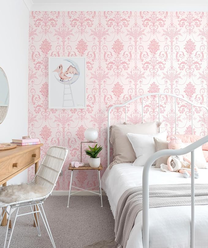 Damask Floral Peel and Stick Wallpaper Boho Pink and White Contact Paper | 17.3" X 197" Pink Damascus Decorative Wallpaper DIY Removable Self Adhesive Wallpaper for Bedroom Cabinets Covering Vinyl - Image 2