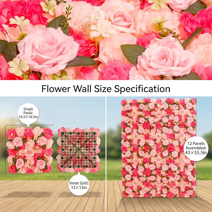 Flower Wall Backdrop 12 Panels 16.5x16.5 Inch Dark & Light Pink | 3D design, realistic look, Seamless Design,eco-friendly,easy to assemble,reusable,.Suitable for weddings,Party,home décor - Image 9