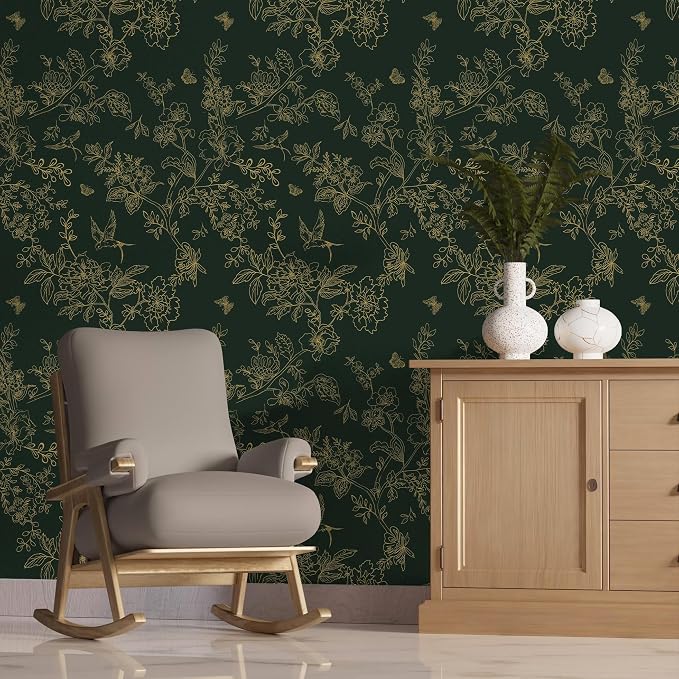 Froluya Green and Gold Peel and Stick Wallpaper for Bathroom 17.7in×196.8in | Dark Green Floral Wallpaper Vintage Contact Paper Peel and Stick Flowers Birds Removable Self Adhesive Cabinets Wall Paper - Image 7
