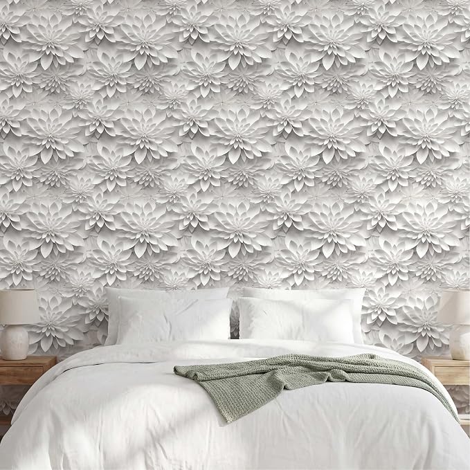 Peel and Stick Wallpaper White Gray Lotus Floral Small | 17.7 in x 6.6 ft Self Adhesive Floral Contact Paper for Smooth Dry Surfaces Removable and Renter Friendly - Image 4