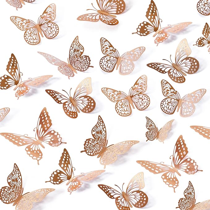SAOROPEB 3D Butterfly Wall Decor, 48 Pcs 4 Styles 3 Sizes, Removable Metallic Wall Sticker Room Mural Decals for Kids Bedroom Nursery Classroom Party Decoration Wedding Decor DIY Gift (Rose Gold) | 4 Styles 3 Sizes, Removable Metallic Wall Sticker Room... by SAOROPEB
