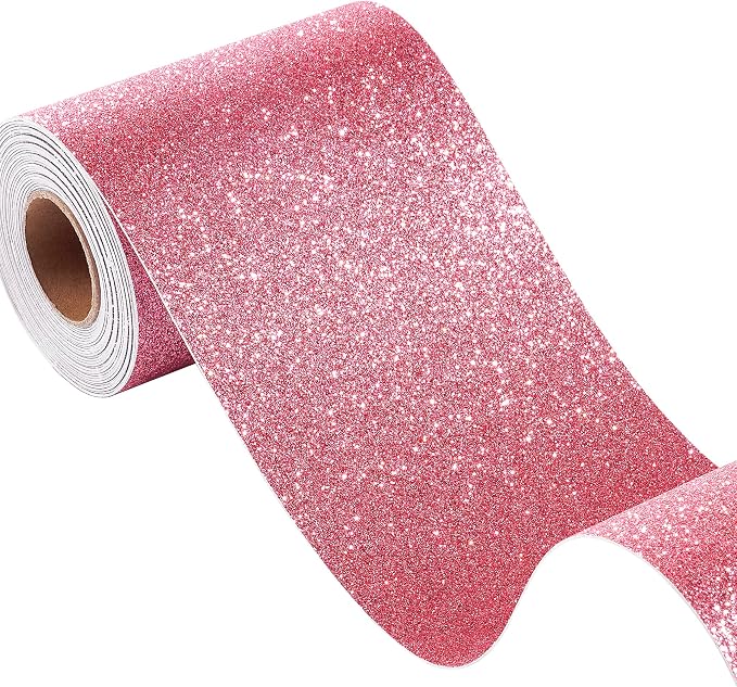 FunStick Hot Pink Glitter Wallpaper Border Stick and Peel Removable Wall Border Trim for Girls Bedroom Mirror Border for Bathroom Peel and Stick Wallpaper Borders Glitter Contact Paper Decor 3.9"x200" by FunStick
