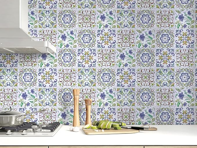 Wudnaye Blue Tile Peel and Stick Backsplash Wallpaper for Kitchen 17"×118" | Faux Tile Contact Paper Vintage Boho Self Adhesive Wallpaper Peel and Stick Tile Pattern Waterproof Removable Wall Paper - Image 8